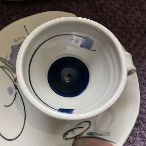 Handcrafted Artisan Cup Mug Saucer Studio Thrown Pottery‎ Drip Glaze Signed - Picture 4 of 13